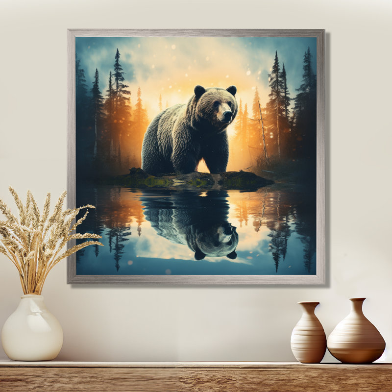 «Double Exposure Bear», art mural grand ours, H 24 po x l 24 po x P 1 po, Encadrement argenté