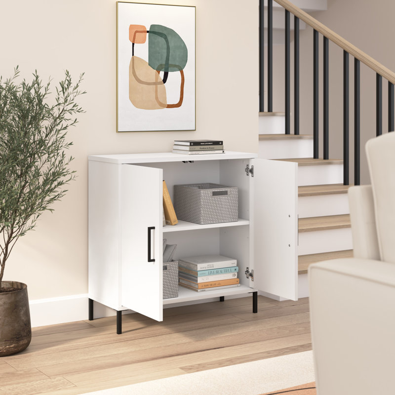Caleshia Steel Accent Low Storage Cabinet, White/Matte Black