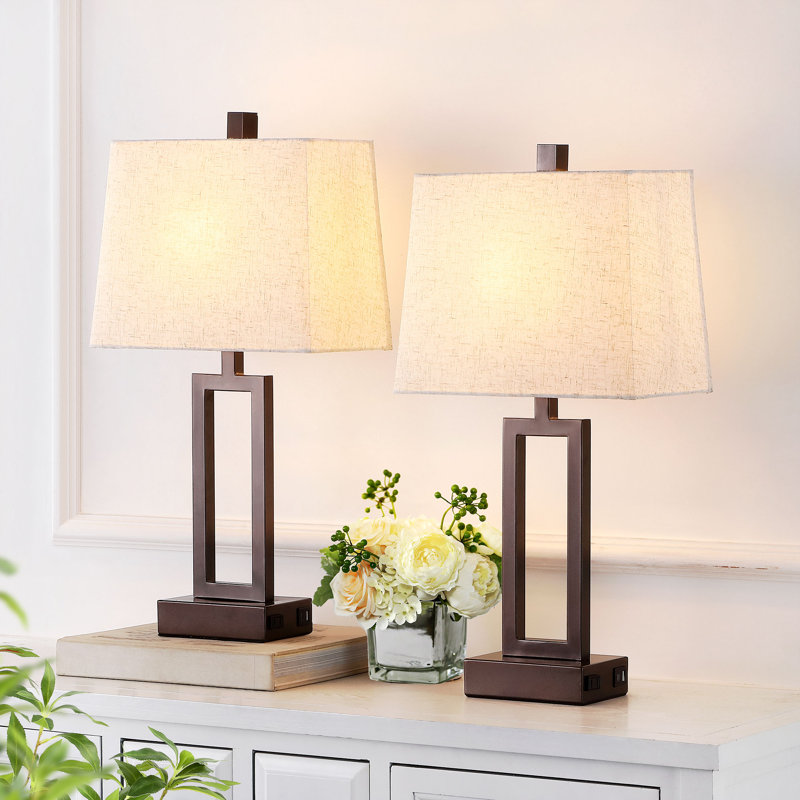 Ensemble de lampes de table en métal 23,5 "avec USB, ports de type C et Oulet intégré Permelia, Brun, Blanc cassé / blanc