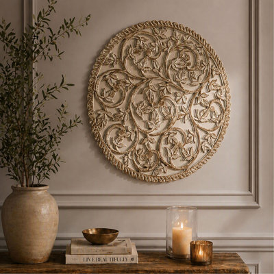 Wooden Wall Panel with Mirror,36" Round Floral Scroll Carved - Wall Hanging Art