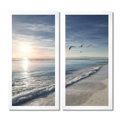 «White and Blue Coastal Oceans Pulse Paradise», impressions sur toile de plage, art mural bord de mer blanc 2 pièces