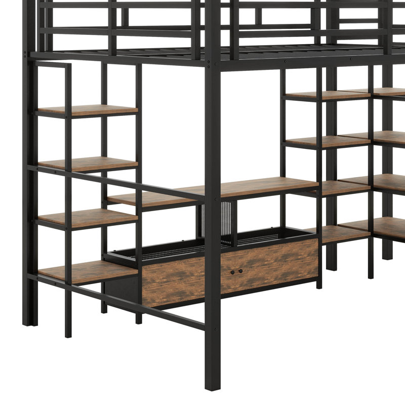 Lit mezzanine double avec escalier, structure de lit mezzanine en métal avec table de rangement basse et tablettes, Noir