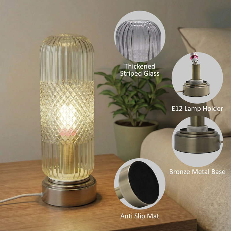 11.61'' Touch Dimmable Ribbed Diamond Glass Table Lamp with Antique Bronze Base and E12 Lamp Holder, cULus Certified for Bedroom Nightstands, Living Room Side Tables, Study Rooms or Home Offices