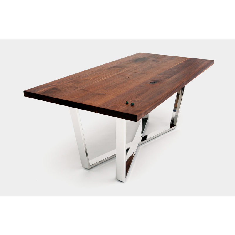 Gax Walnut Solid Wood Top Metal Base Dining Table, 36" W x 120" L, Polished Stainless Steel