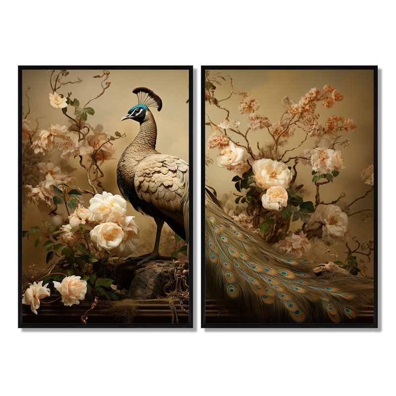 Ornement de fleur de paon classique rétro - art mural moderne bleu, 36" H x 48" W, Impression encadrée flottante, Black