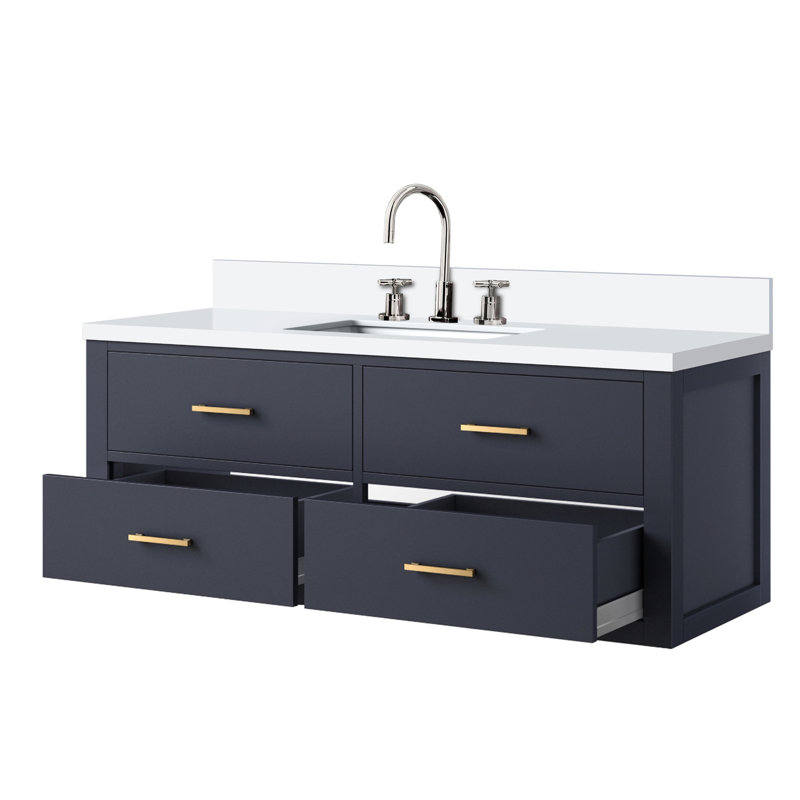 48 po W Bleu, meuble-lavabo de salle de bain bleu, comptoir en quartz blanc, robinet inclus, fermeture en douceur, comptoir en bois massif et objets remarquables, robinet, cadre, panneaux à l'intérieur