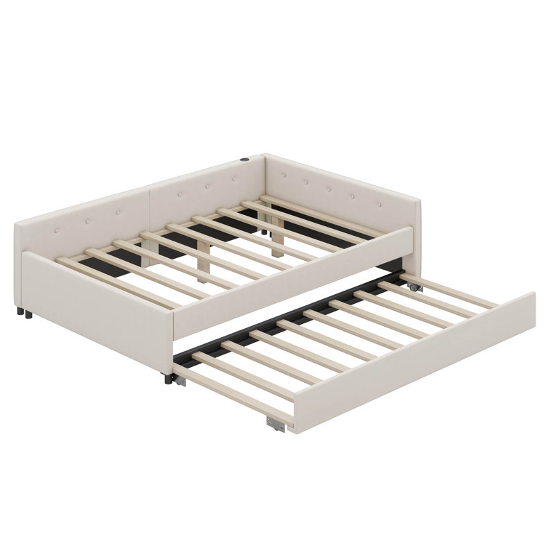 Full Size Upholstered Platform Bed With USB And Twin Size Trundle, Full