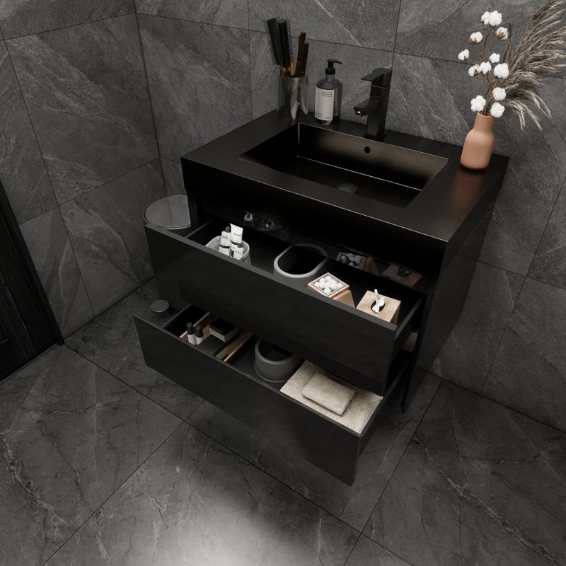 Golitz 29.5 " W Wall Mounted Wall Mounted 1 Single Vanity Bathroom Vanity With Stainless Steel Top, Glossy Black