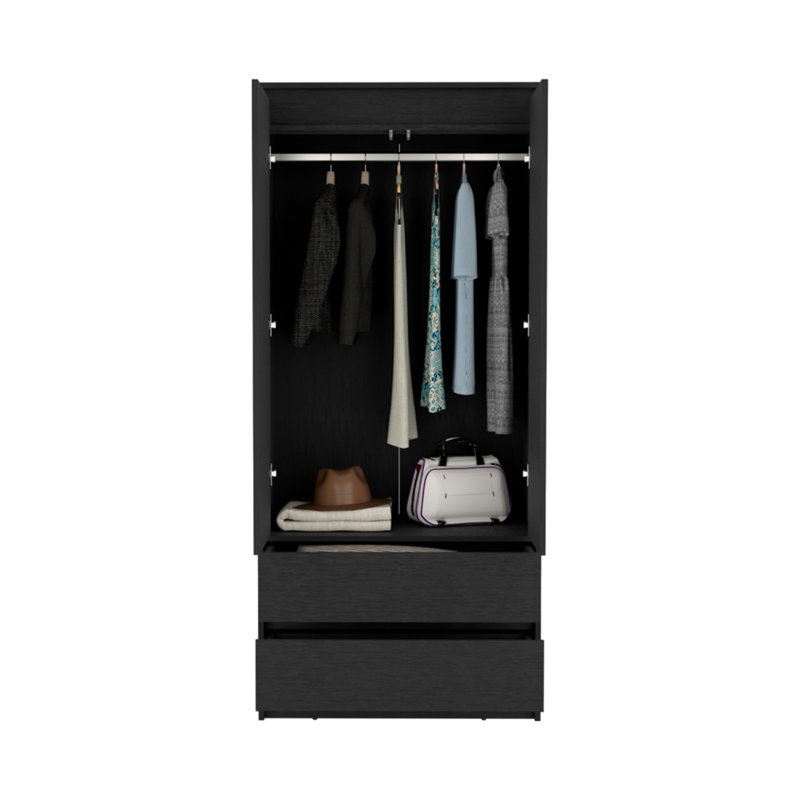 Armoire 2 tiroirs Austin, porte double, tringle, Noir