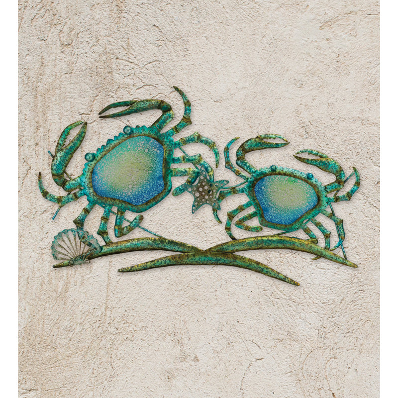 27.5" Blue and Green Metal and Glass Coastal Crab Wall Decor