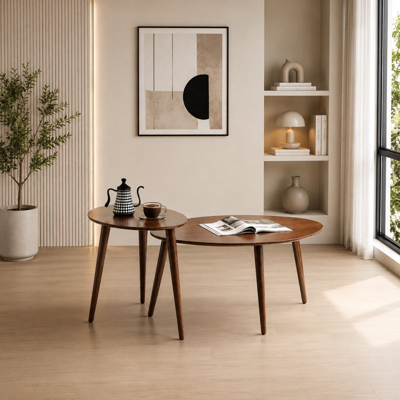 Table basse moderne en chêne massif 33,5 ", 33.5”W+25.6”W, Chêne brun, 2