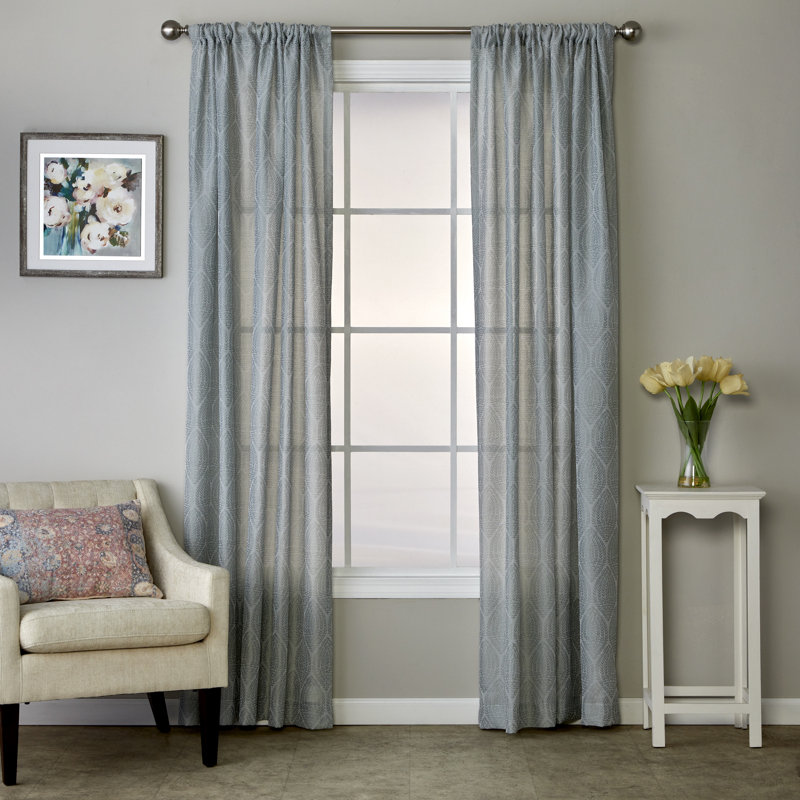 Blue Damask Light-Filtering Polyester Rod Pocket Curtain Panel