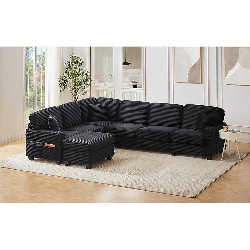 Canapé modulaire en forme de U Canapé modulaire rembourré en L de 125,2 po avec repose-pieds mobile et poches de rangement latérales pour le salon, noir