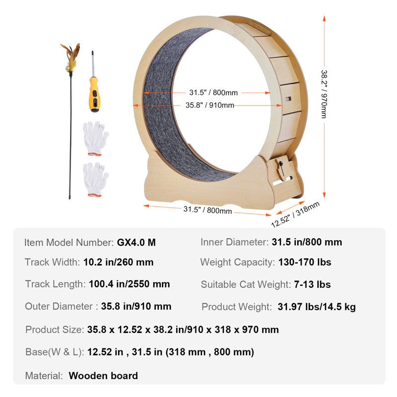 Grande roue de tapis roulant pour chats d'intérieur pour chat 35,8 pouces, H 38,2 po x l 31,5 po x P 12,52 po