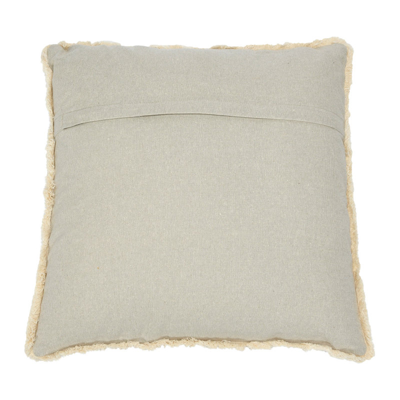 20" Square Beige Cotton Embroidered Pillow with Fringe