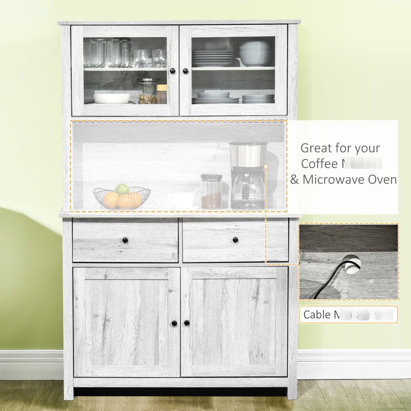 Buffet de cuisine de 63,5 po avec garde-manger, 4 tablettes, tiroirs, gris cendré, portes en verre avec cadre, espace pour micro-ondes ouvert et rangement, pouvant accueillir différents objets