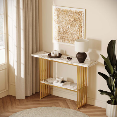 Modern Console Table with Faux Marble Top and Double-Tiered Storage