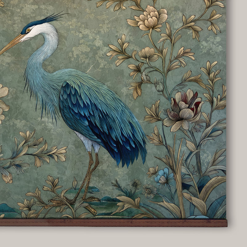 Grande tapisserie sur toile, héron bleu, H 40 po x l 60 po