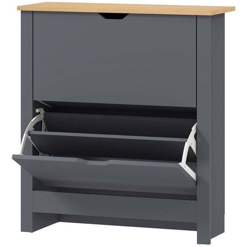 12 Pair Flip Down Shoe Storage, Grey/Natural Wood