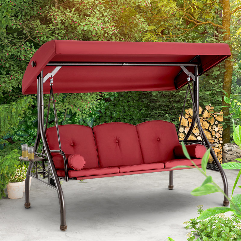 Fassold Outdoor Patio Swing Chair for 3 People, with Removable Cushion and Convertible Canopy, Wine Red