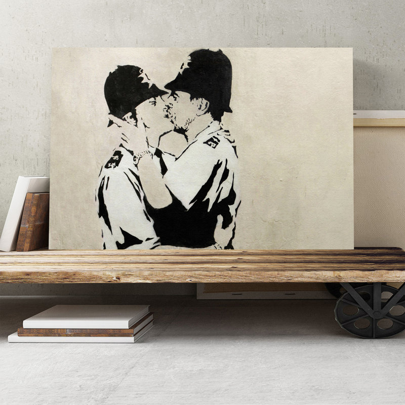 Kissing Police Policeman Graffiti - Wrapped Canvas, 50cm H x 76cm W