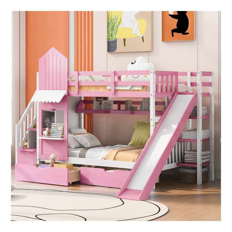 Lit superposé simple au-dessus d'un lit simple avec 2 tiroirs, 3 tablettes et glissière - rose
