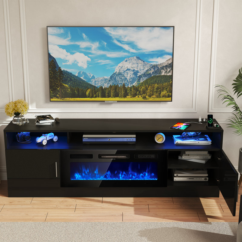 80'' TV Stand for TVs up to 88'' with Electric Fireplace, Power Outlets, LED Lights and Adjustable Shelves, Black