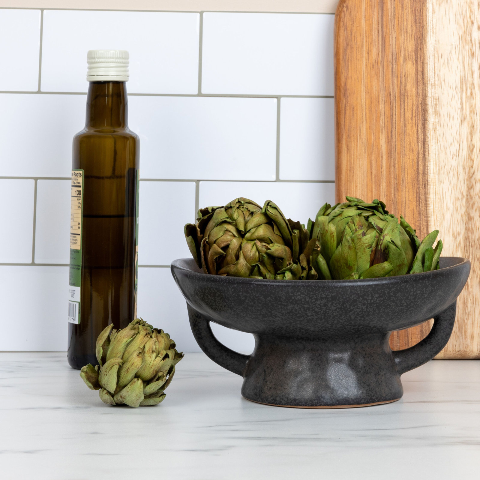 Stoneware Pedestal Bowl with Handles, Black, 9.5" W