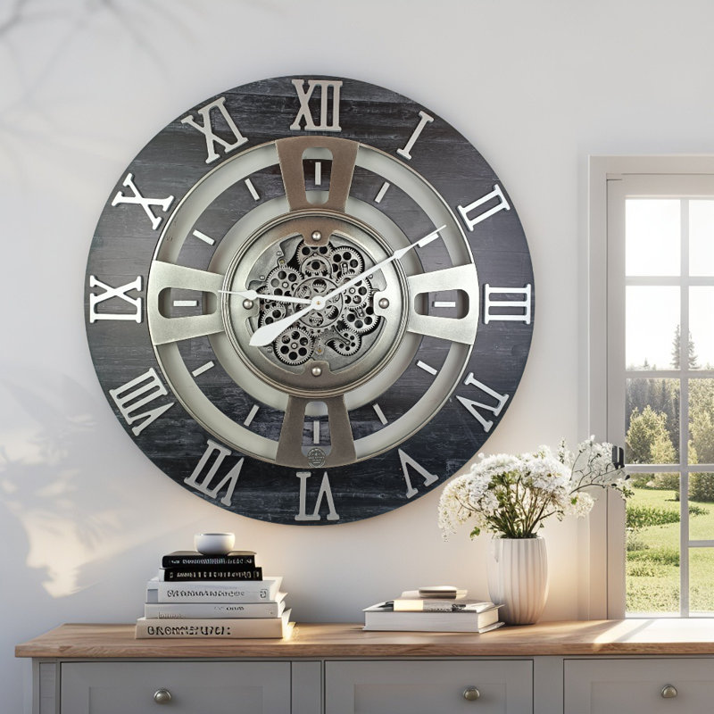 Solid Wood Wall Clock, Vintage Black, Oversize 91.4cm