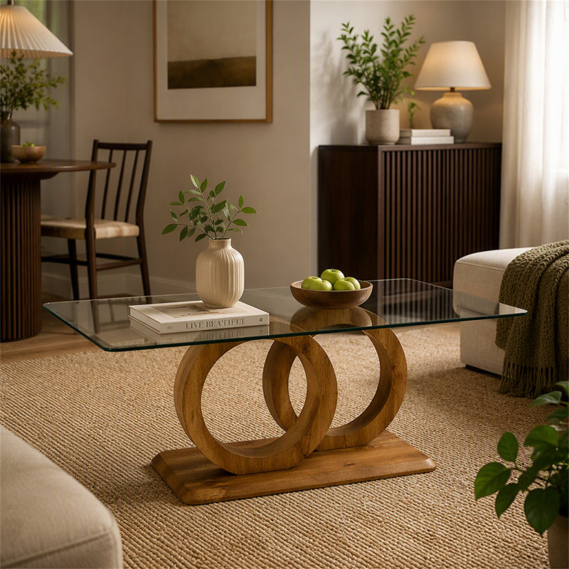 Une table basse rectangulaire moderne et tendance avec un plateau en verre trempé et des pieds en grain de bois. Convient au salon: 47,2 po x 25,4 po x 17,9 po