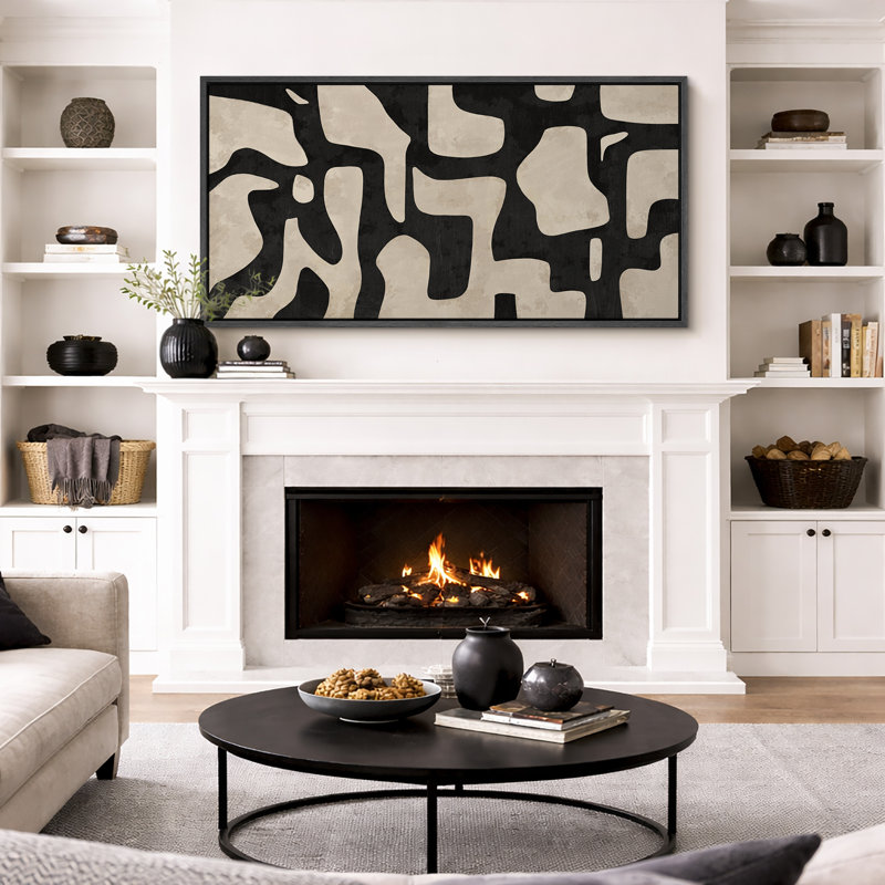 Mid Century Shape Abstract Contours, Black And White Beige Artwork, Retro Bedroom Home Decor, Extra Large Framed Canvas Print Wall Art
