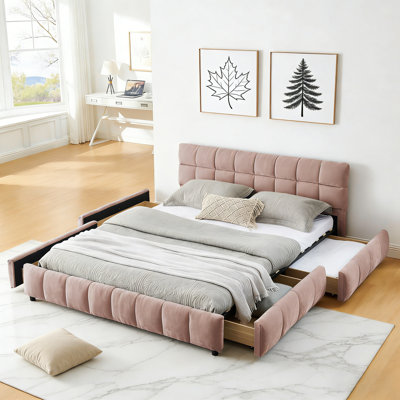 Grand lit tapissier avec tiroirs de rangement, tête de lit en chenille douce et structure solide. (88,5 po x 68,5 po x 31 po)
