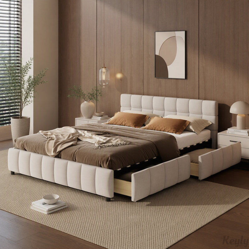Lit plateforme capitonné avec 4 tiroirs de rangement et tête de lit à motif quadrillé, Beige