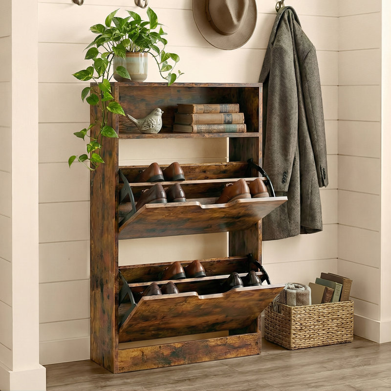12 Pair Flip Down Shoe Storage, Rustic Brown