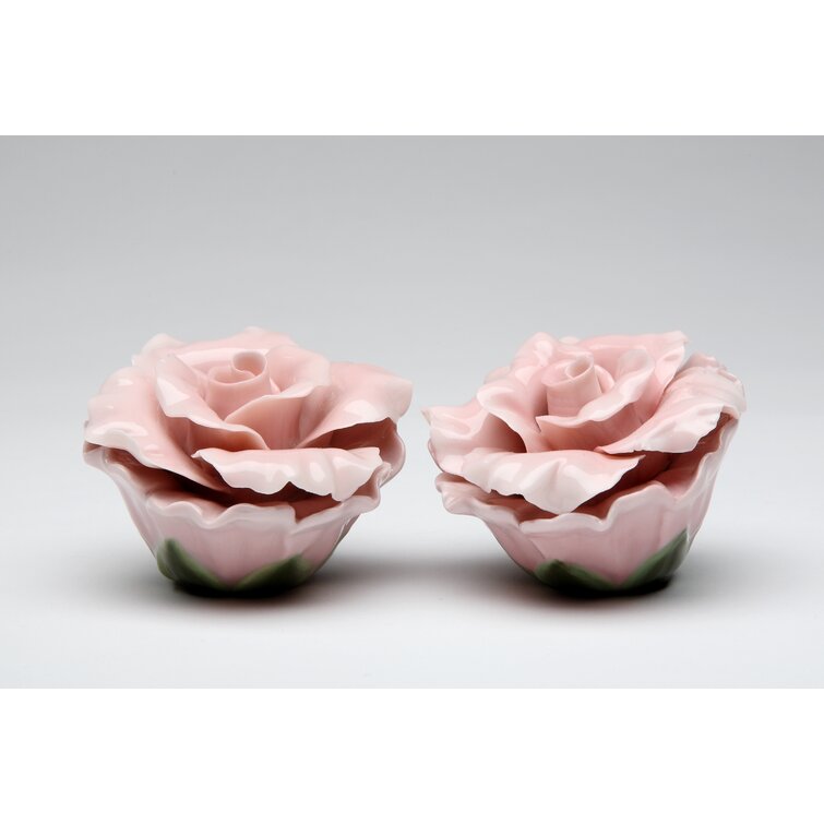 Pink Rose Ceramic Spice Jar - 4 Piece Set - 3 Jars + Plate + 3