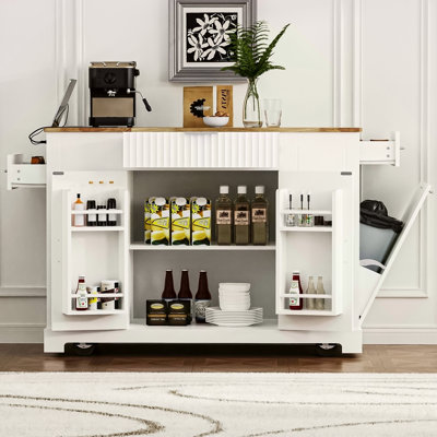 Îlot de cuisine cannelé avec armoire de rangement pour poubelle, prise de courant, support de rangement interne, îlots de cuisine roulants sur 5 roues avec 3 tiroirs, 3 supports latéraux ouverts pour poubelle de 10 gallons, blanc