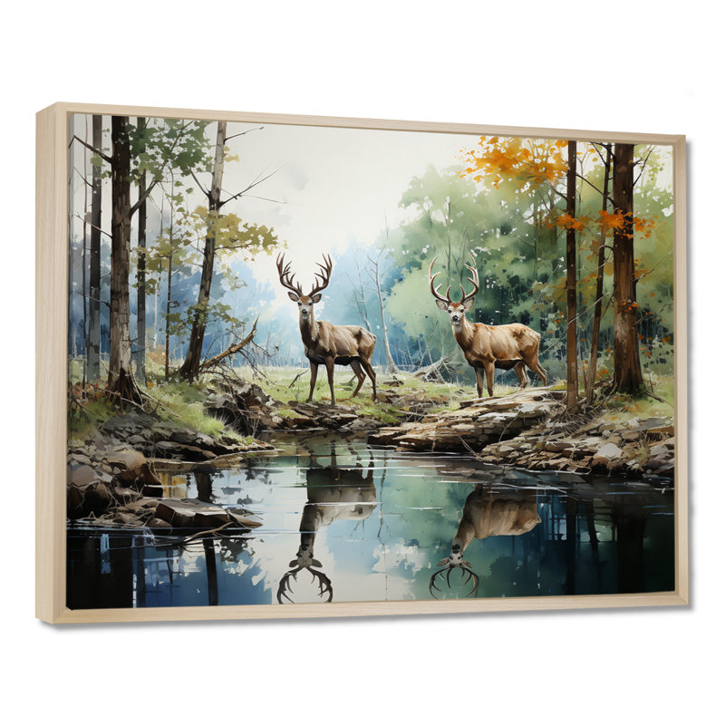 Deer Majestic Reflections - Print on Canvas, 12" H x 20" W x 1" D, Maple Floater Framed