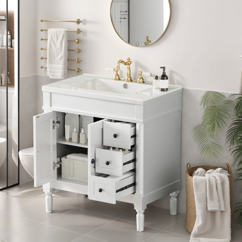Meuble-lavabo simple 36 po avec plateau en céramique, 2 portes à fermeture douce et 3 tiroirs, Blanc, 36"