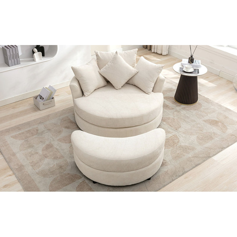 Fauteuil demi-tonneau pivotant avec repose-pieds et coussins de rangement, Chenille crème
