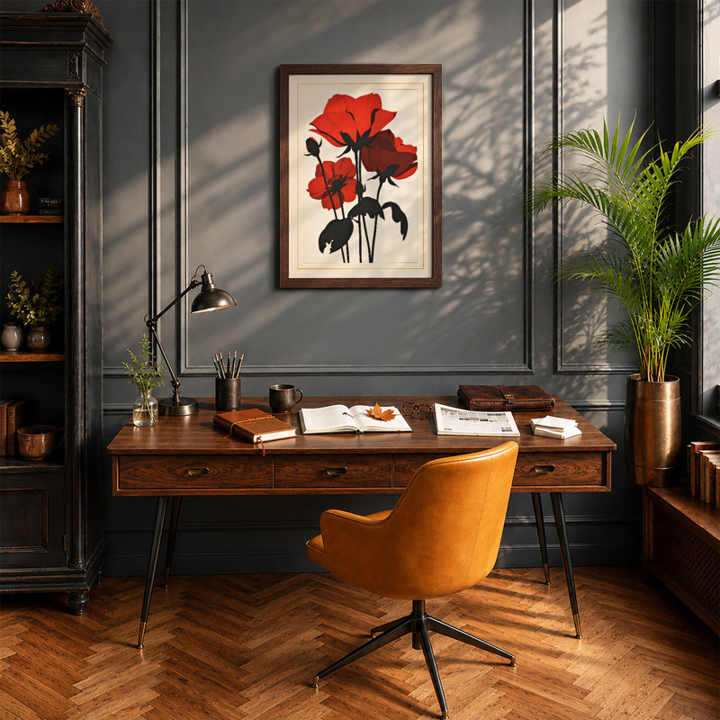 Red Roses In Black Botanical - Print, Walnut, A1 - 84.1 x 59.4 cm