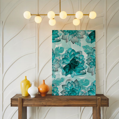 Toile, motif sans couture avec grandes fleurs éthérées aux nuances variées, art mural bleu sarcelle et turquoise, chaque pétale