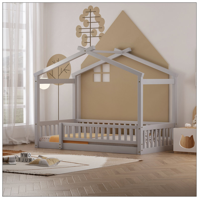 Cadre de lit en bois avec clôture, gris, Lit simple