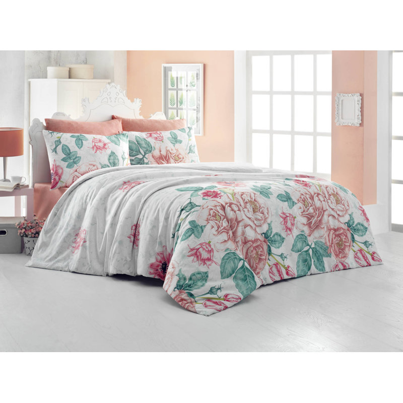 Ensemble de housse de couette 100% coton 3 pièces blanc / vert / rose Delbert