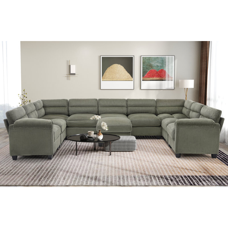 Dona 10-Piece Corduroy Upholstered Modular Sectional With Ottoman, Pillowtop Arm, Green Corduroy