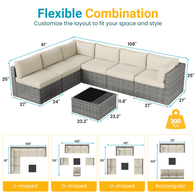 Wicker 6 - Person Modular Patio Conversation Set with Cushions, Gray Frame/Beige Cushion