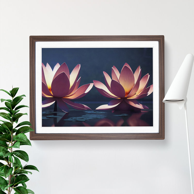 Luxurious Lotus Flowers - Single Picture Frame Print, 46cm H x 64cm W x 2cm D, Walnut