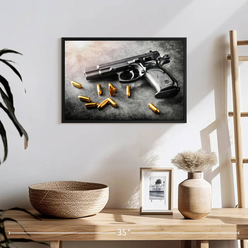 Handgun And Bullets, 19" X 13", Floating Frame Black