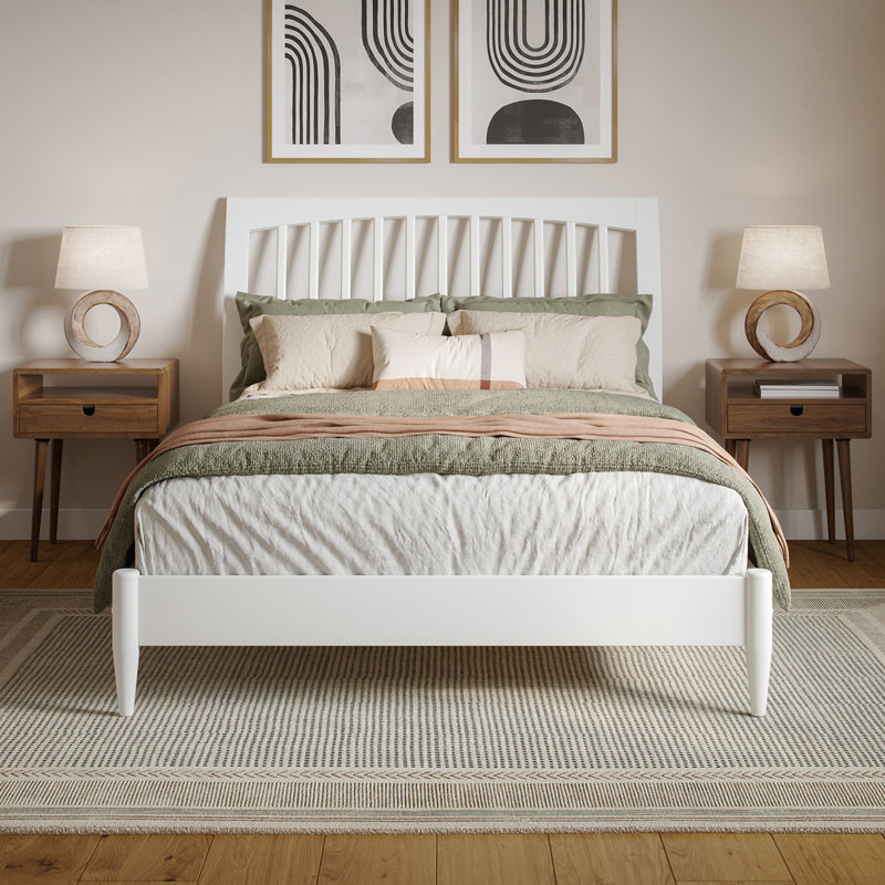 Ambie Low Profile Solid Wood Slatted Spindle Sleigh Bed, White, Full