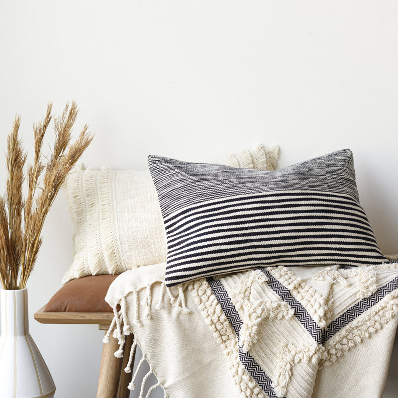 Fringed Cotton Throw Pillow, 20" x 20", Light Gray