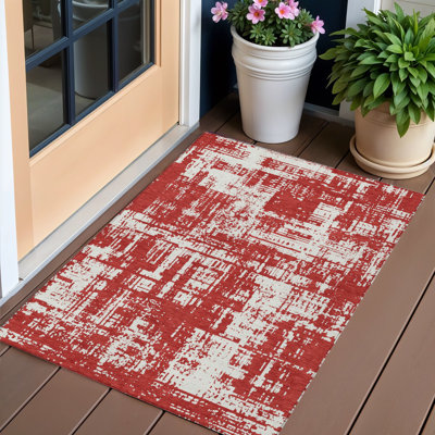 Tapis extérieur lavable abstrait rouge et ivoire 3 pi x 5 pi